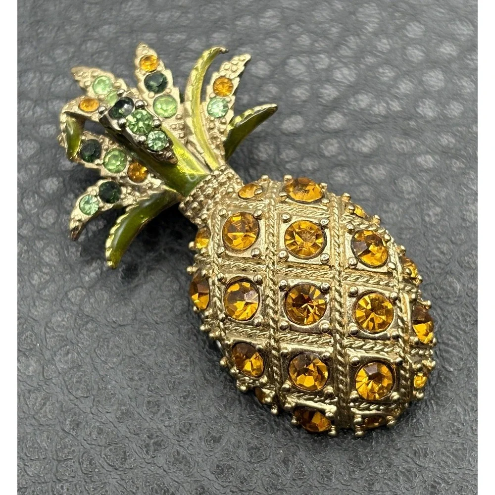 Monet Pineapple Brooch Green Yellow Rhinestone Vintage Tropical Beach Summer
